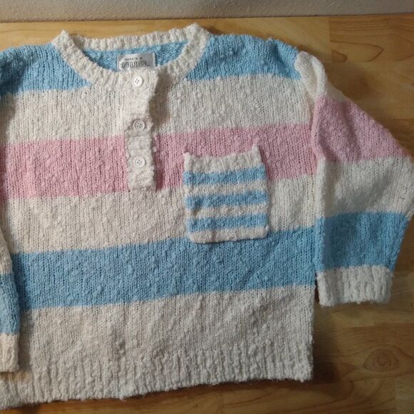 Vintage 80s Here's A Hug Striped Pocket Cropped Henley Sweater - Picture 3 of 8